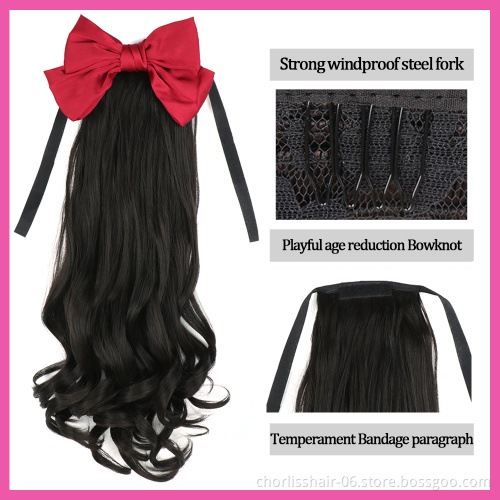 Wholesale Long Ribbon Bow Wrap Curl Bow Bowknot Wave Curly PonyTail Hair Synthetic Clip In Extension For Girl Party 20inch